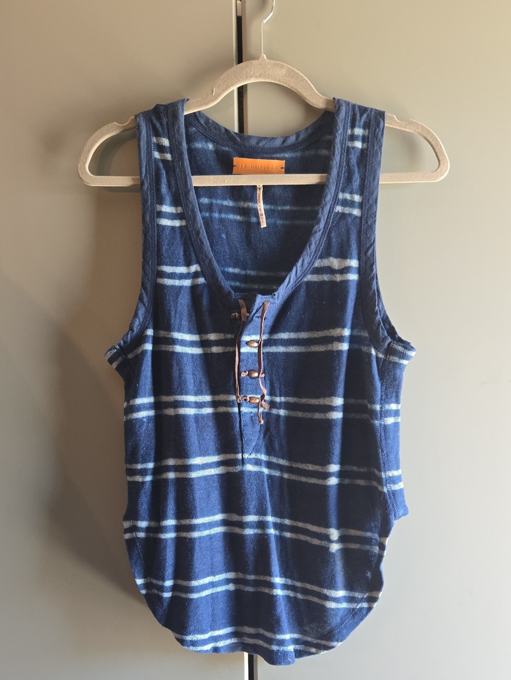 Free People Heirloom Blue Striped Sleeveless Henley 100% Cotton Tank Top